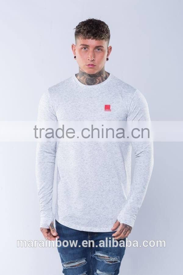 White Twill Mens Longline Curved Hem T Shirt Long Sleeve T Shirt with Thumb hole OEM 95% Cotton 5% Elastane T Shirt