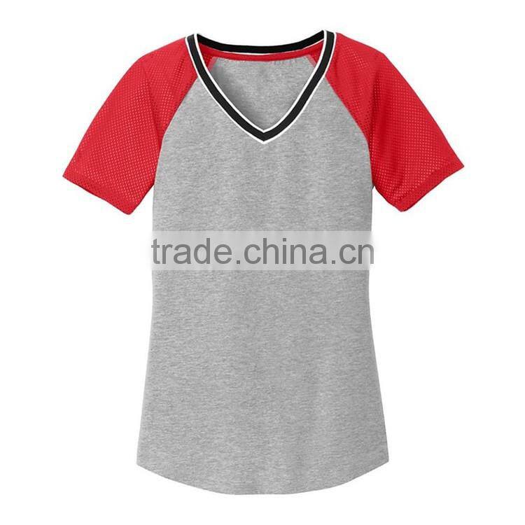 Manufacturer cheap fancy design women raglan v-neck t-shirts wholesale