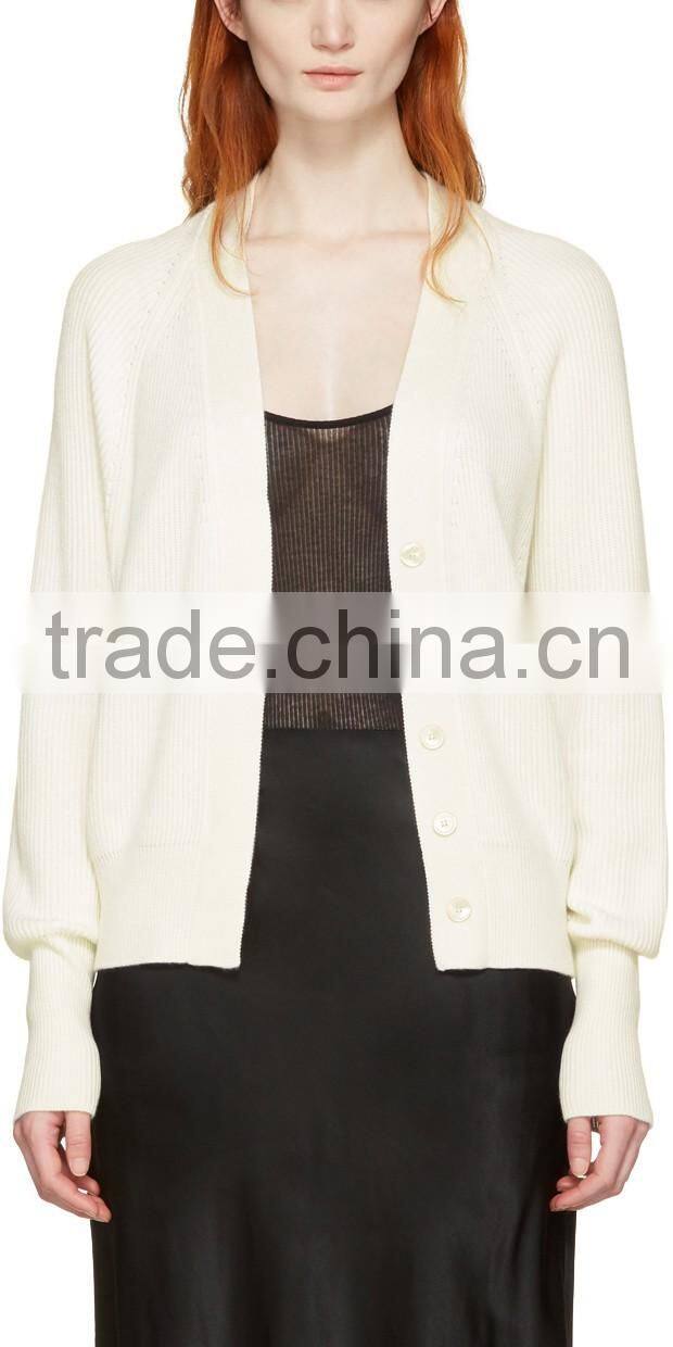 Raglan Sleeve Y-Neck Collared Ivory White Rib Knit Cashmere Cardigan for Women