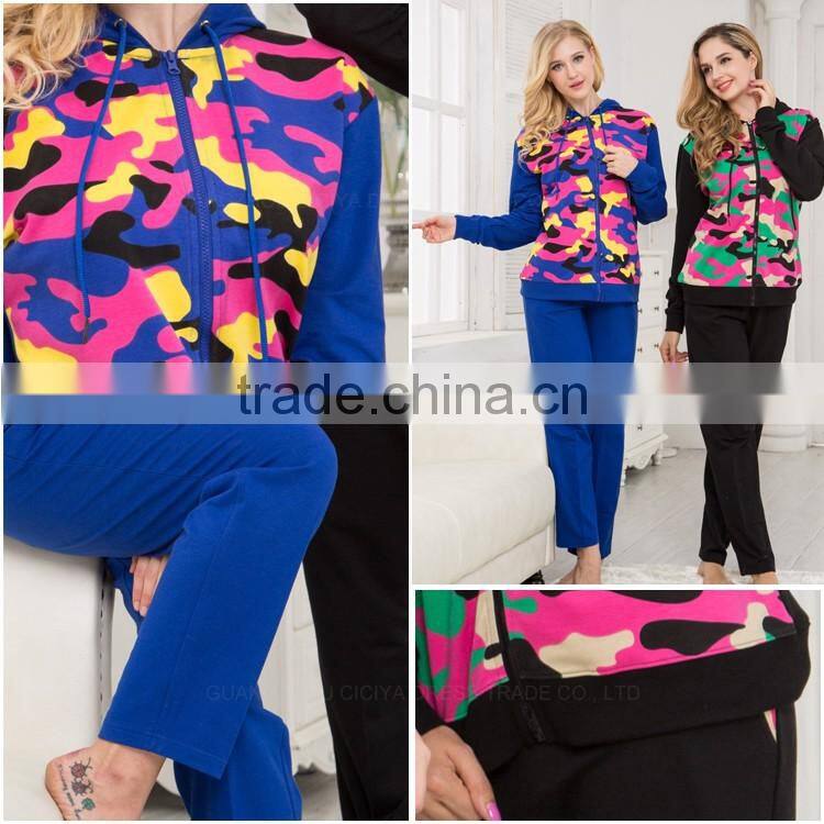Fancy colorful leopard printing family pajamas with zip + hood design winter women pajamas set OEM
