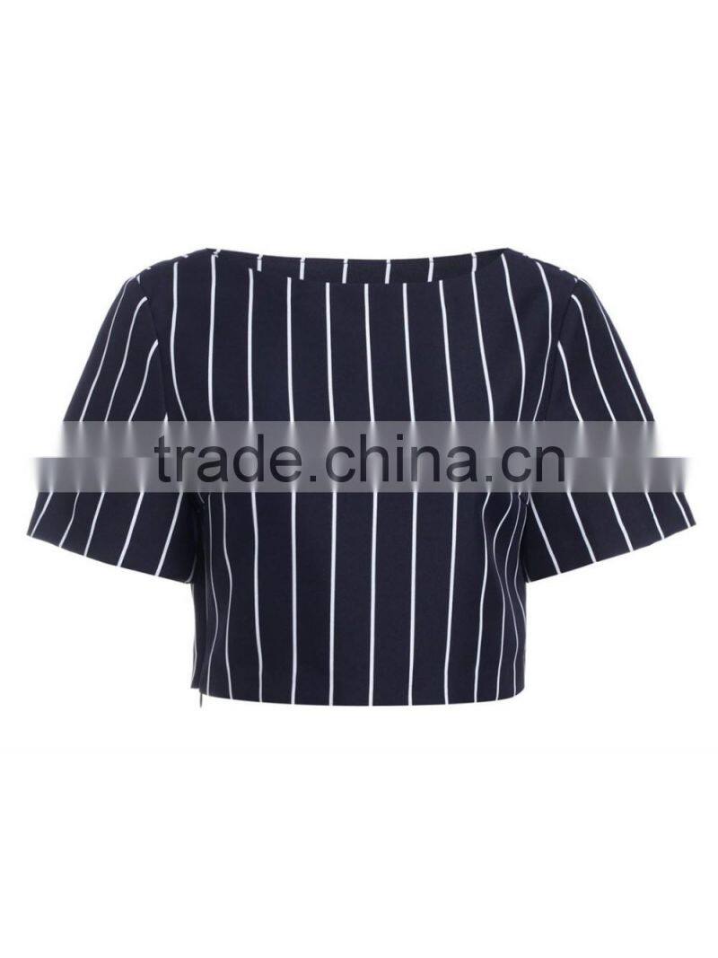 2016 ladies cotton/polyester navy strip thick formal short sleeve shirt/blouse