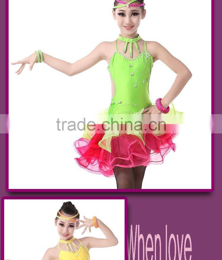 Girl Sexy Open Back Sequin Latin Dance Dress Child Kid Rhinstone Tango Salsa Ballroom Performance Dresses