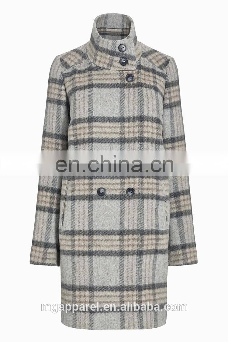 wholesale OEM high quality women winter long coat grey soft wool check coat