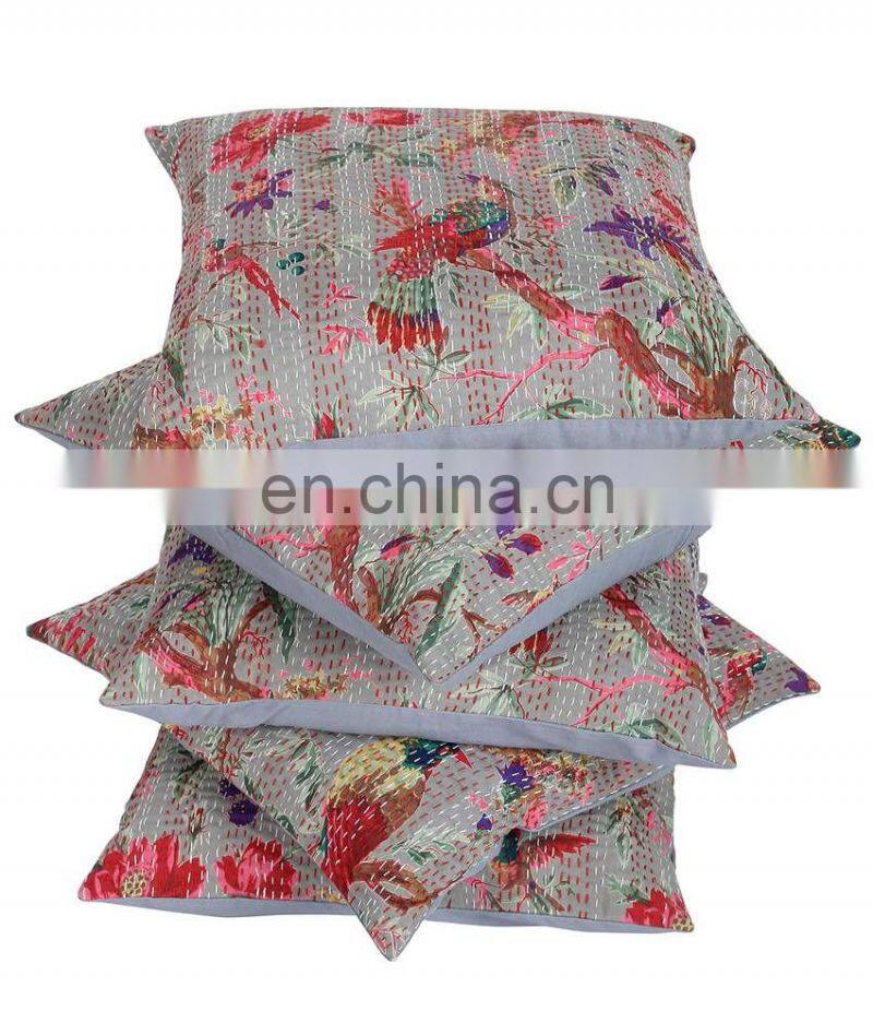 Gray Kantha Pillow Cover Indian floral bird print embroidered pillow handmade throw pillow Cushion Covers
