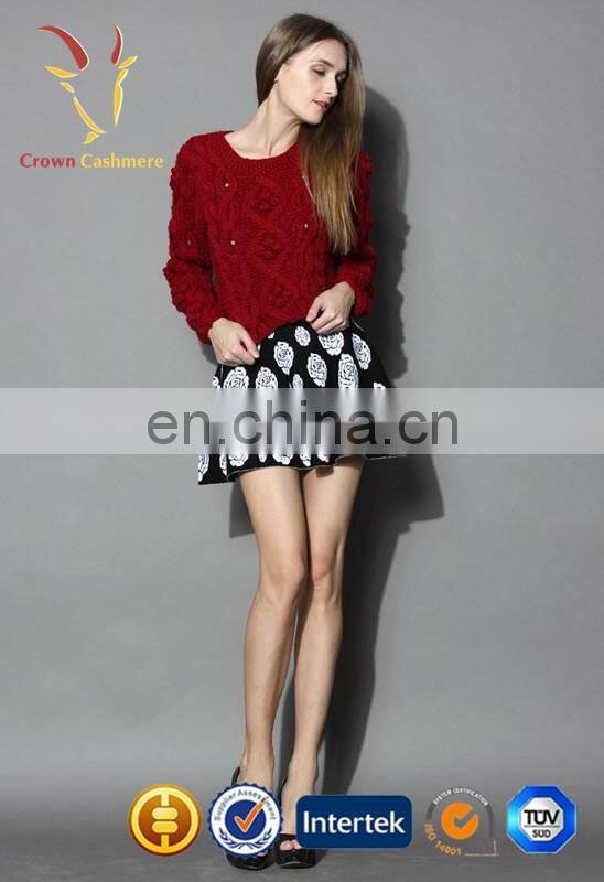 Fashion red chunky sweater women cable knit pullover sweater for ladies