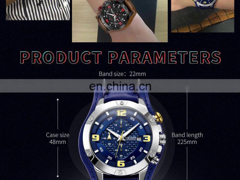 MEGIR ML2099G Men Quartz Watch Top Brand Luxury Gold Chronograph Date Military Sport Leather Band Male Clock