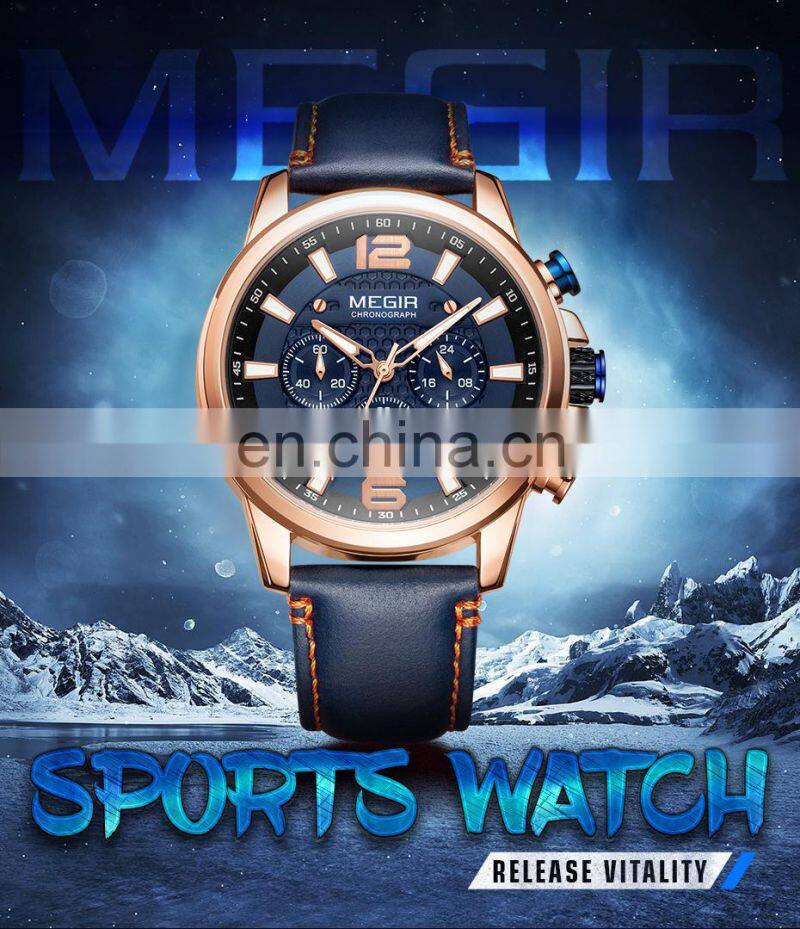 MEGIR 2156G Men Quartz Watch Fashion Casual Leather Watches Waterproof Mens Wrist Watch