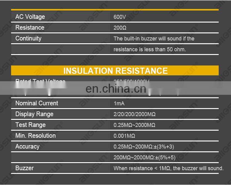 Allosun EM480A Insulation Resistance Tester Portable Voltage AC 600V Professional Tester Resistance Continuity Tester