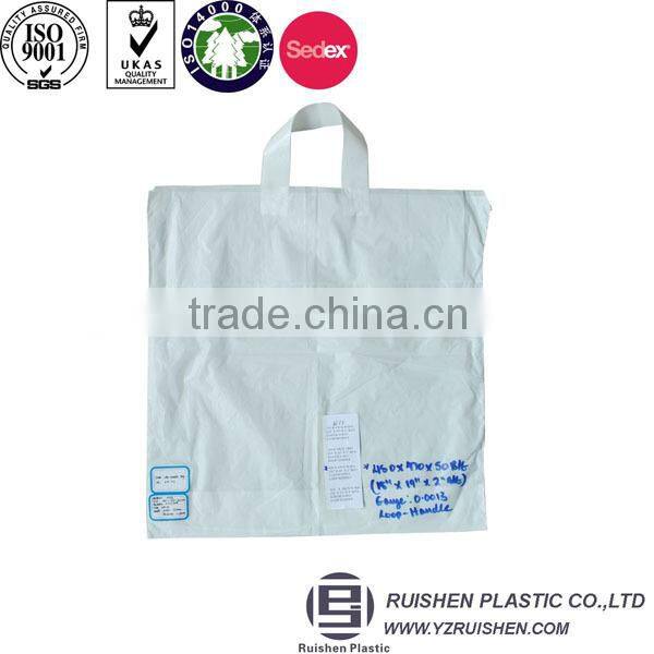 Biodegradable soft loop handle plastic bag with reinforced handle