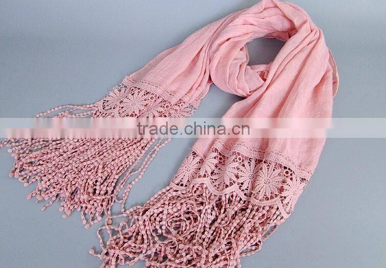 New Design Korea Women Fashion Cotton Plain Lace Scarf