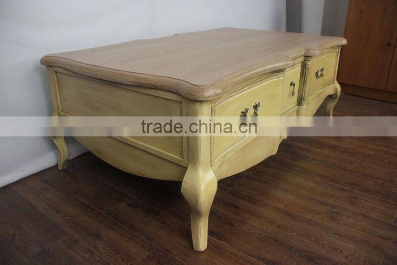 Antique yellow paint solid wood Vintage Carved Low Coffee Table