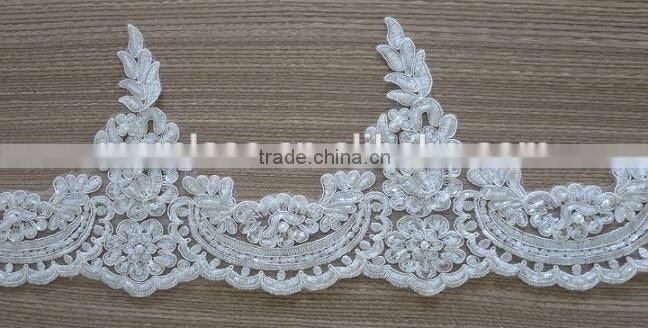 Embroidery ribbon and beaded corded bridal mesh lace