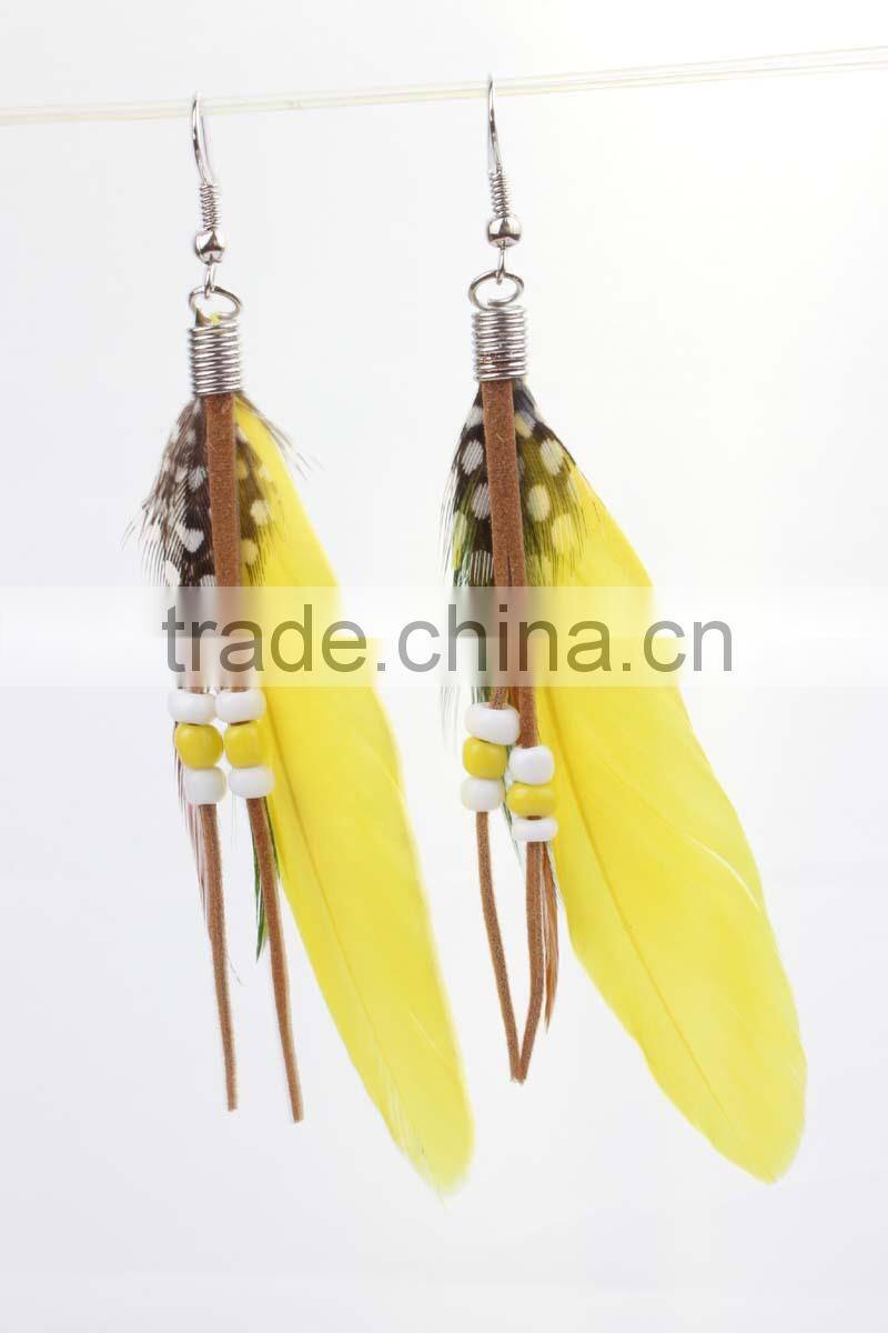 Neon color yellow Long cheap feather earring dangle drop earring for girls wholesale