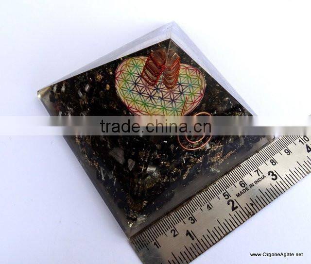 Quality Big Orgonite Black Tourmaline Pyramid With Flower Of Life Symbol With Crystal Point | Healing Pyramid
