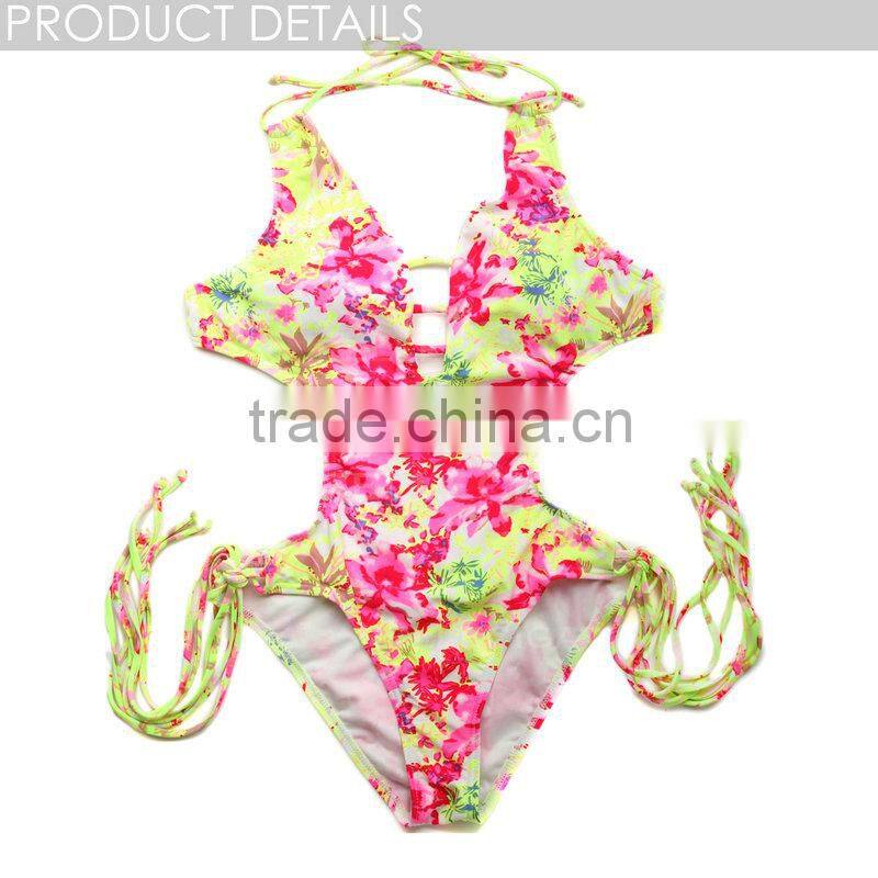 RELLECIGA 2016 OZ Collection - High Contrast Floral Blooming Pattern One-piece Swimsuit with a Trio of Straps at Center Front Op