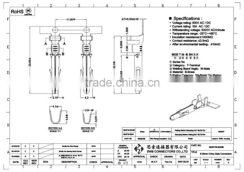 6.35 MM Pitch wire to board electrical connectors with buckle