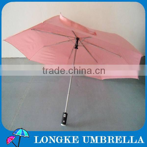 3 fold auto open and close pink color umbrella with torch handle/LED umbrella