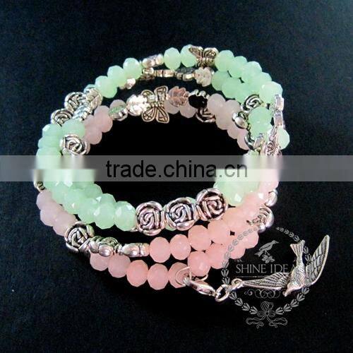 vintage antiqued silver rose flower leaf butterfly bird ice green beads 2 layers fashion wiring bangle bracelet jewelry 6490055