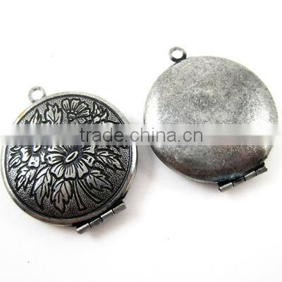 27mm antiqued ox silver plated brass flower engraved vintage style round photo locket pendant charm supplies 1113005