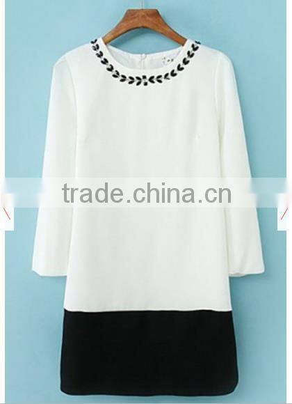 Beige Color Block Rhinestone Three Quarter Length Sleeve Dress