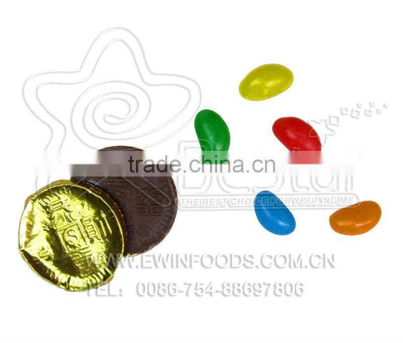 Chocolate golden coin with jelly bean