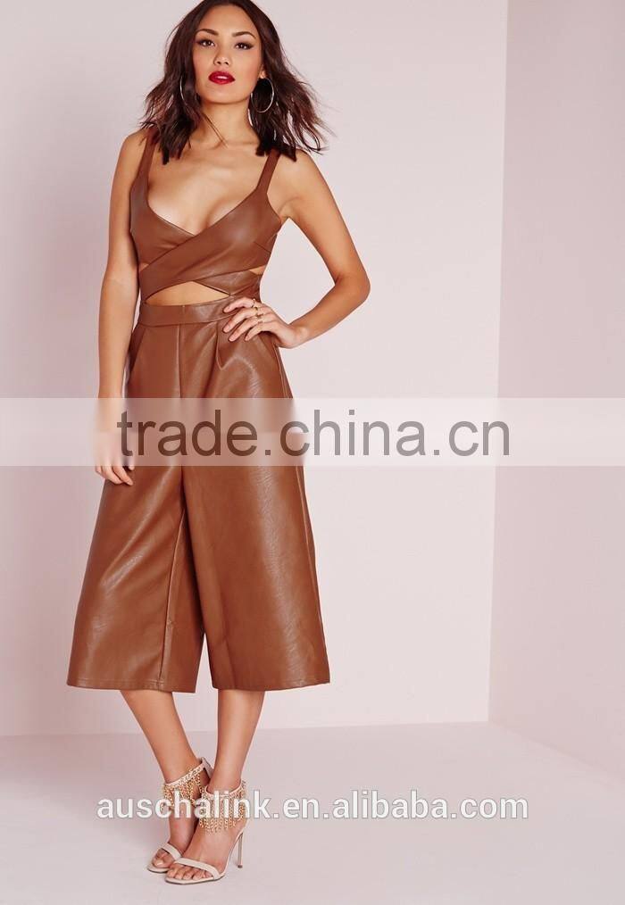 unique design lady sexy faux leather cut out culotte jumpsuit