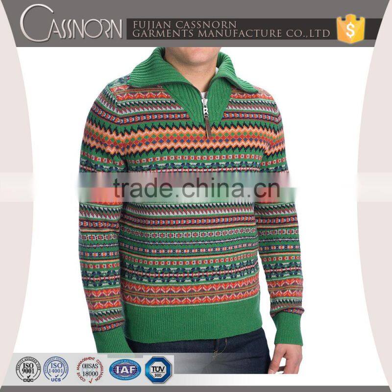 new wool polo neck long sleeve colorful jacquard mens sweater 1/4 zip pullover
