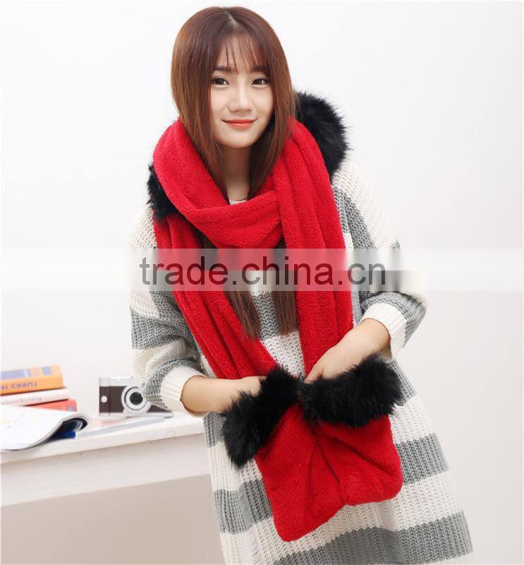 High quality hot sales type Women Hat Winter Soft With Long Scarf Mittens Ski Attached Gloves Faux Fur Hood