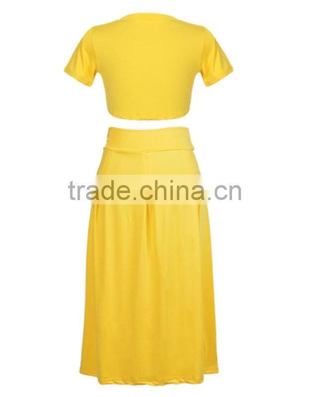Wholesale 2016 New Fashion Ladies women Dress Elegant Two Pieces Female Dress Summer Women Crop Tops Blouse Pleated yellow Long