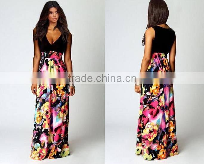 2016 NEW Fashion print floral dress deep V-neck sleeveless maxi dress