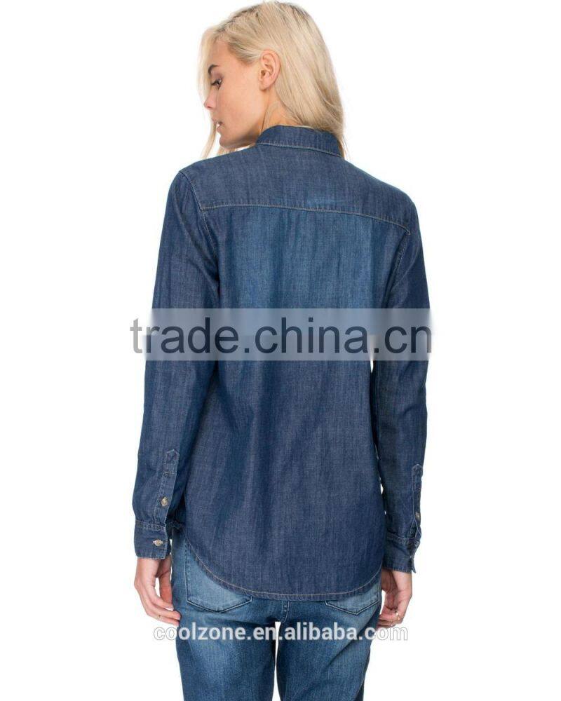 Contrast topstitch relaxed fit denim shirt women chest pocket denim shirt