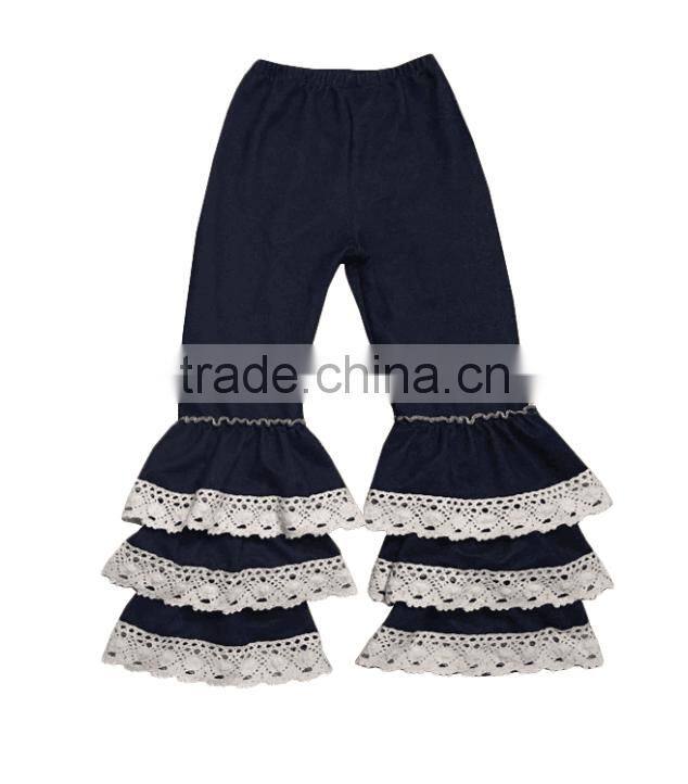 2016 Latest Designs baby Ruffles Pants Girls denim pants Girls' Wholesale 5layer ruffle pants with lace
