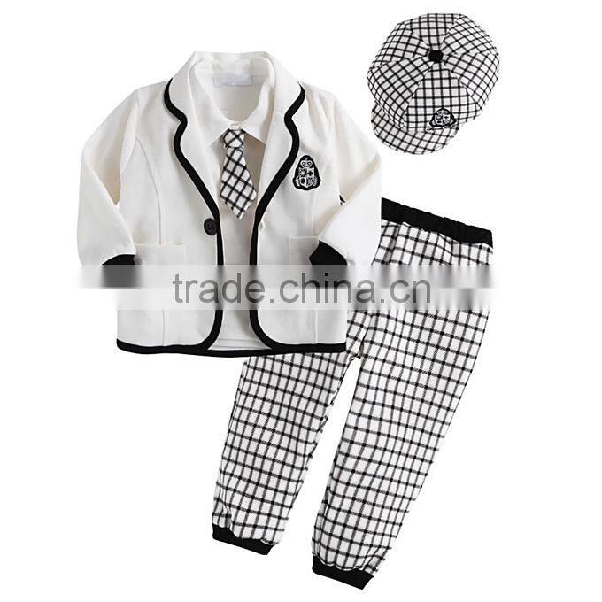 2016 Hot Sale Boy Clothing Prince Handsome Boy Suits White Coats Grey Cap And Strip Pants Children Wear Kids Clothes