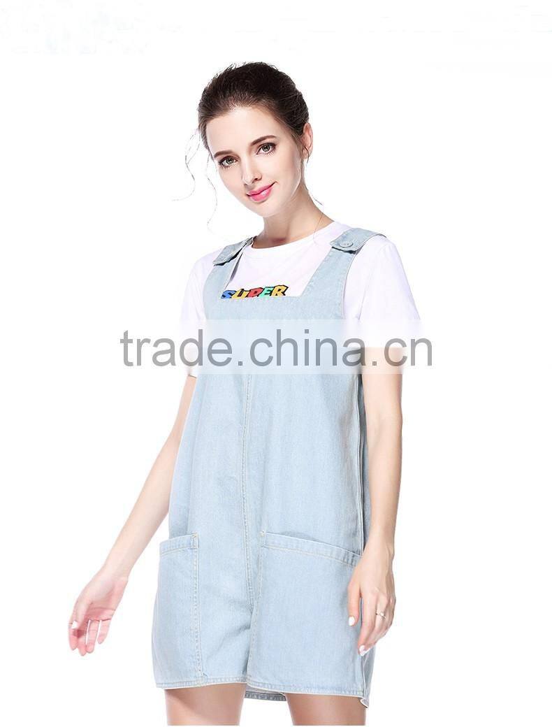 Women's summer casual light blue denim jeans hot shorts/short suspender bib overalls