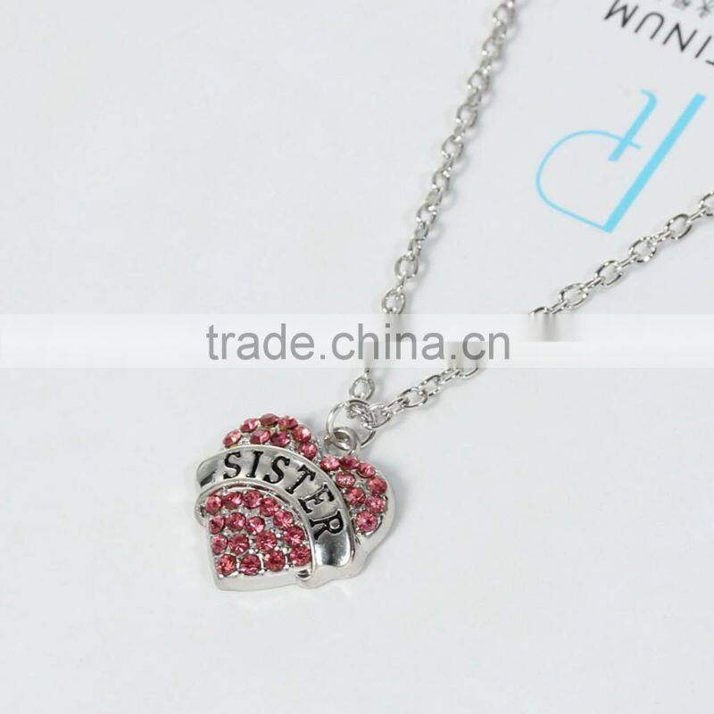 New Fashion Silver Tone Pink Rhinestone " SISTER " Carved Heart Pendant Link Cable Chain Necklace