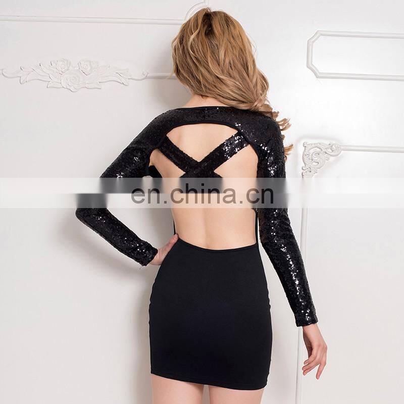 2016 New fashion birthday party dress wholesale black long sleeve club teen mini dresses