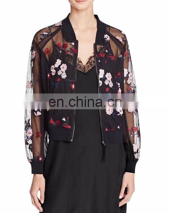 Garment factory floral embroidered bomber jacket modern front zipper bomber jacket for women