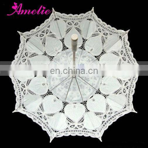 A0186 White Lace Ladies Sun Parasol with Heart Pattern
