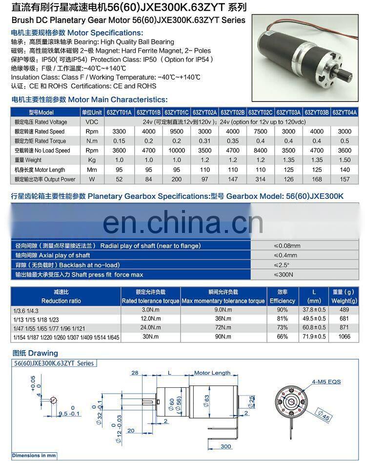 OD63mm high torque Permanent Magnet Brushed Dc Motor 12V 24V 36V 40V 48V 60v power 50w 100w 150w 200w