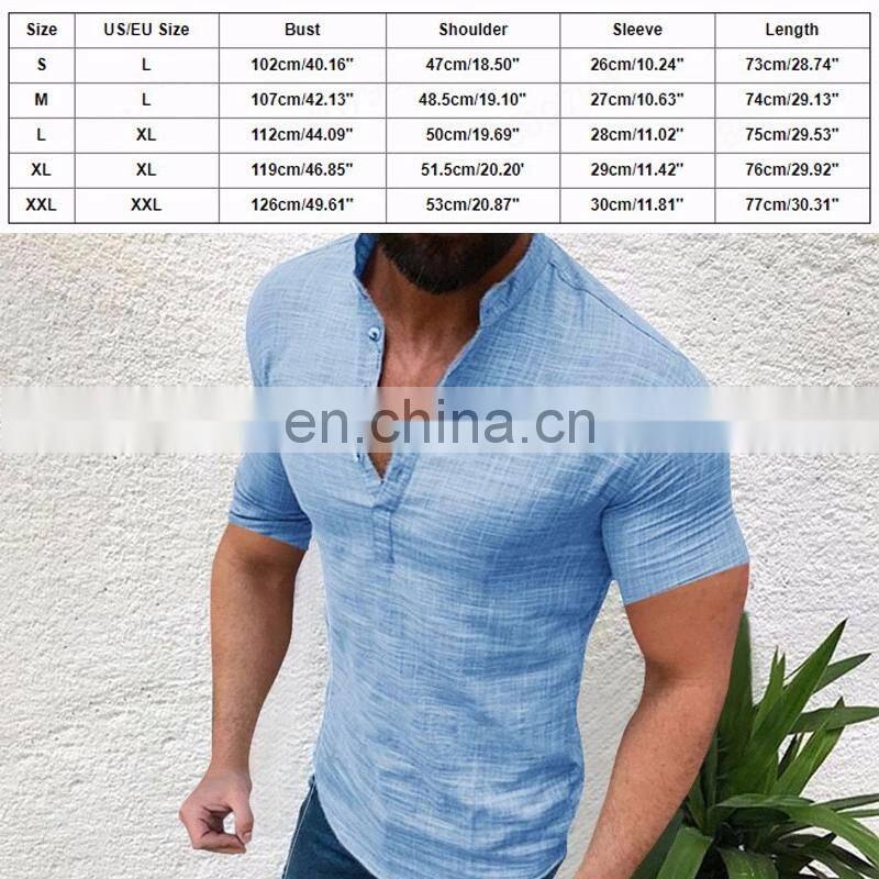 New Summer Men Fashion Cotton Linen Button-down Shirt Short Sleeve Mandarin Collar Solid Color Casual Tops