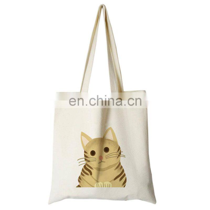 Custom Print White Canvas Tote Cute Cat Women Shopping Handbag