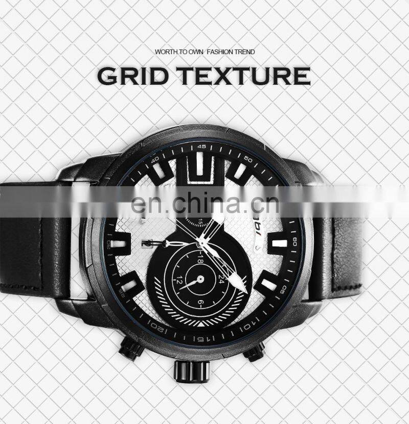 SINOBI Chronograph Men's Watch Calendar Date Function Luminous Soft Leather Band Quartz Watches S9786G Jam Tangan