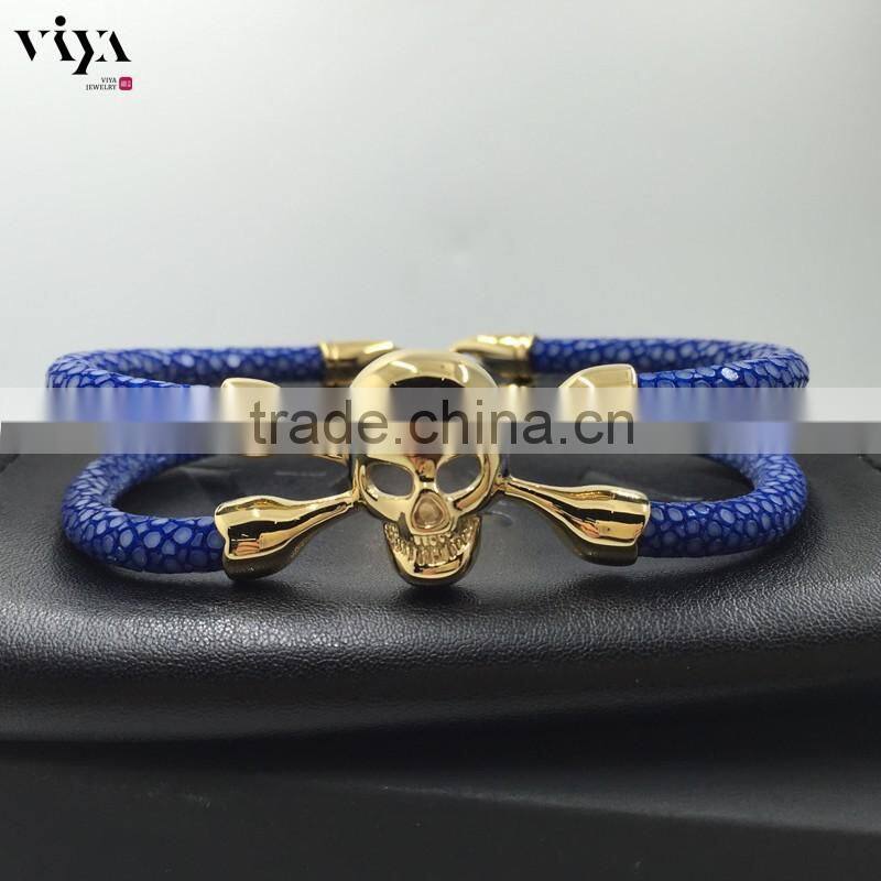 2016 Fashion Skull Men Bracelet, Genuine Stingray Leather Cord Bracelet, Stainless Steel Clasp Bracelet with High Quality End