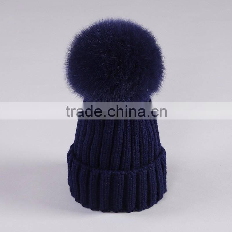 Winter Fashion Big Size Real Fox Fur Pompom Knitted Lady Wool Cap