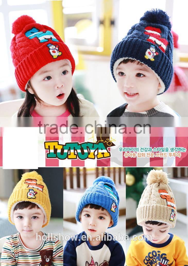2015 Newest Letter SM Snowman Style Polar Fleece Inside Wool Knitted Baby Girl Winter Cap