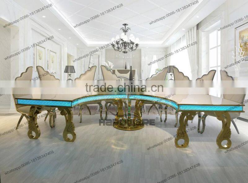 golden half circle banquet dining table,led stainless steel base half circle table