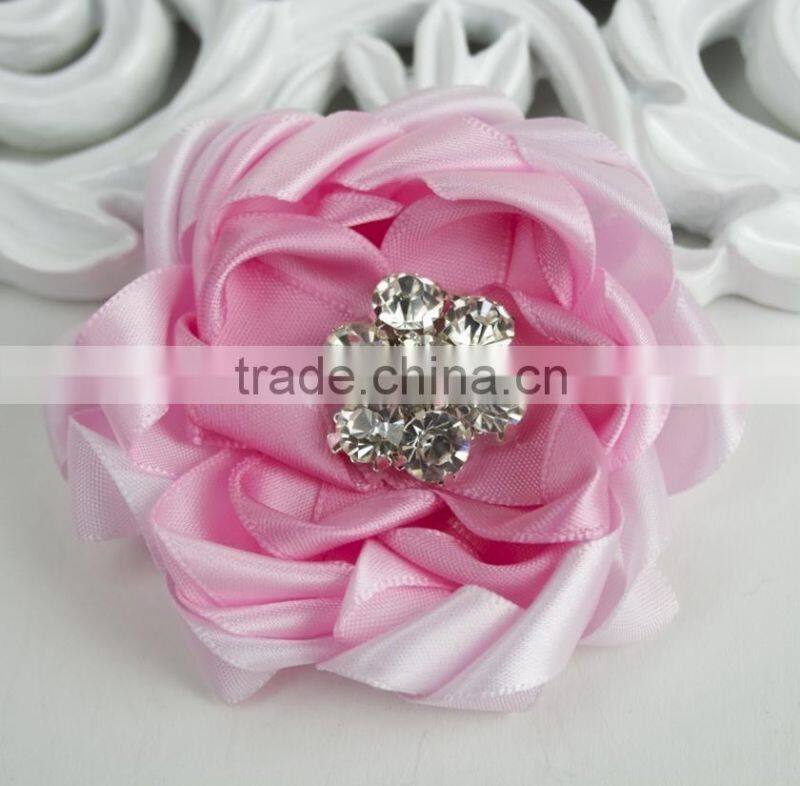 Popular Satin Ribbon Flowers With Rhinestone Center,Handmade Ribbon Hair Flowers