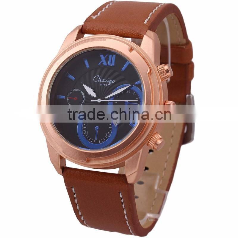 alloy stainless steel material wrist watch quality golden case watches with leather