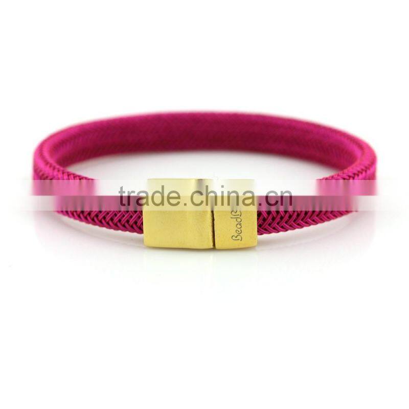red pink colorful braided simple genuine Leather Bangle bracelet with Stainless steel or golden clasp
