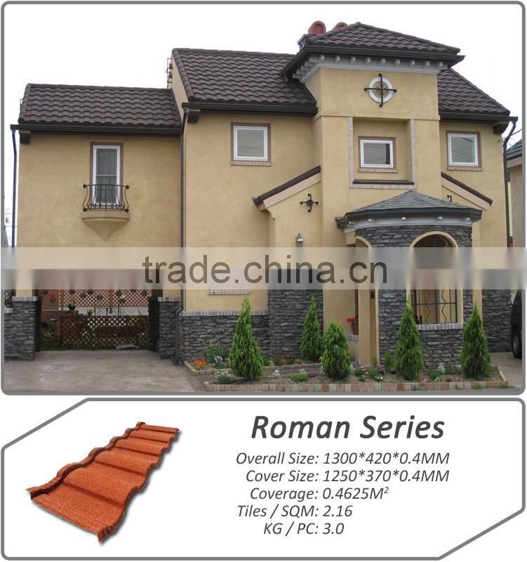 Guangzhou Color Roman Stone Coated Metal Roofing Sheets/Roman type stone coated aluminum roofing/colorful sand coated metal roof